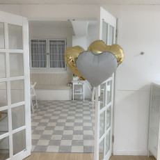 골드 화이트 하트풍선 (4개입) 컬링리본포함 (헬륨X)